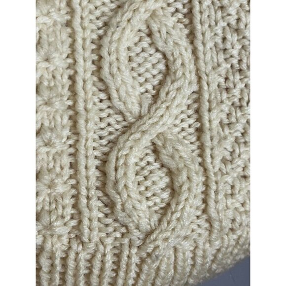 Vintage Cable Knit Sweater L Butter Yellow Leather Button Fisherman Grandpa 80s - Picture 5 of 11